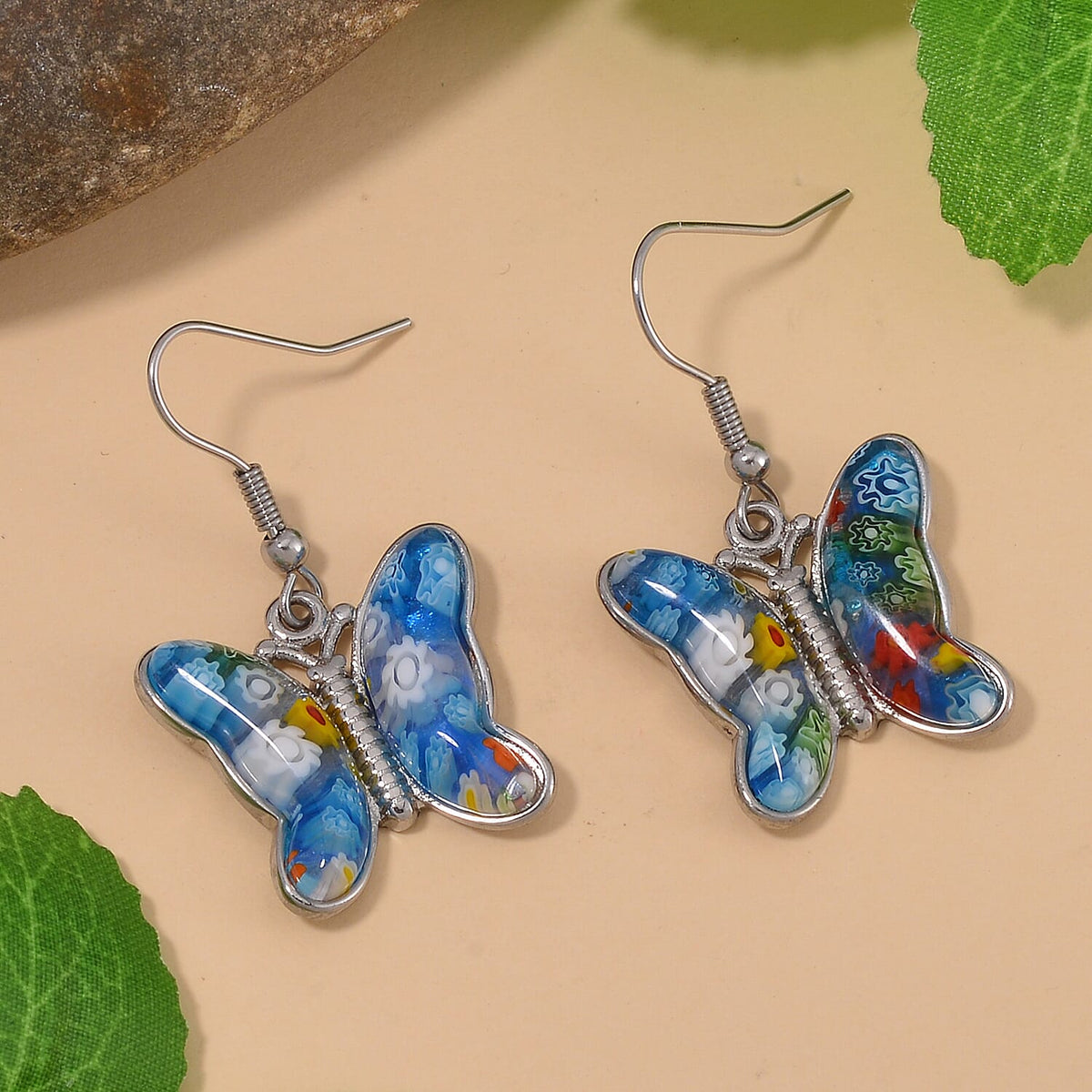 Multi Colour Murano Style Basket Earrings &amp; Butterfly Earrings in Stainless Steel 221211997 6