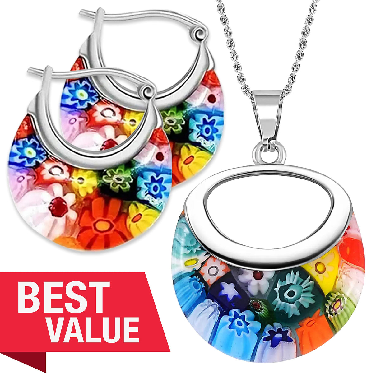 Multi Colour Murano Style Basket Earrings &amp; Pendant in Stainless Steel 221212174 0