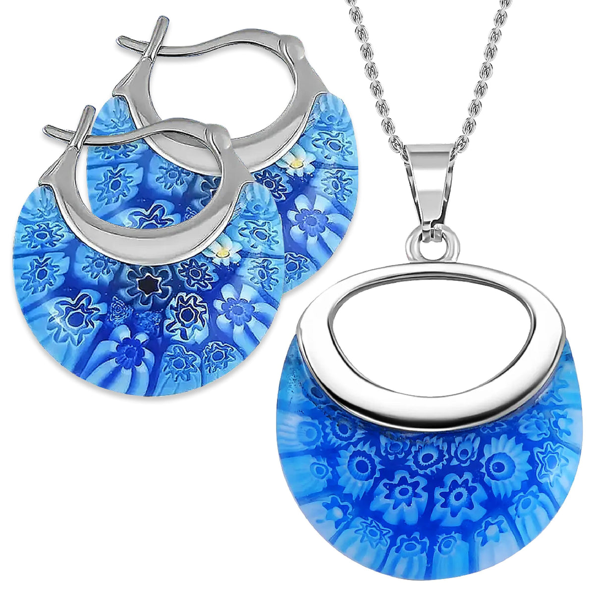 Blue Colour Murano Style Basket Earrings &amp; Pendant in Stainless Steel 221212175 0