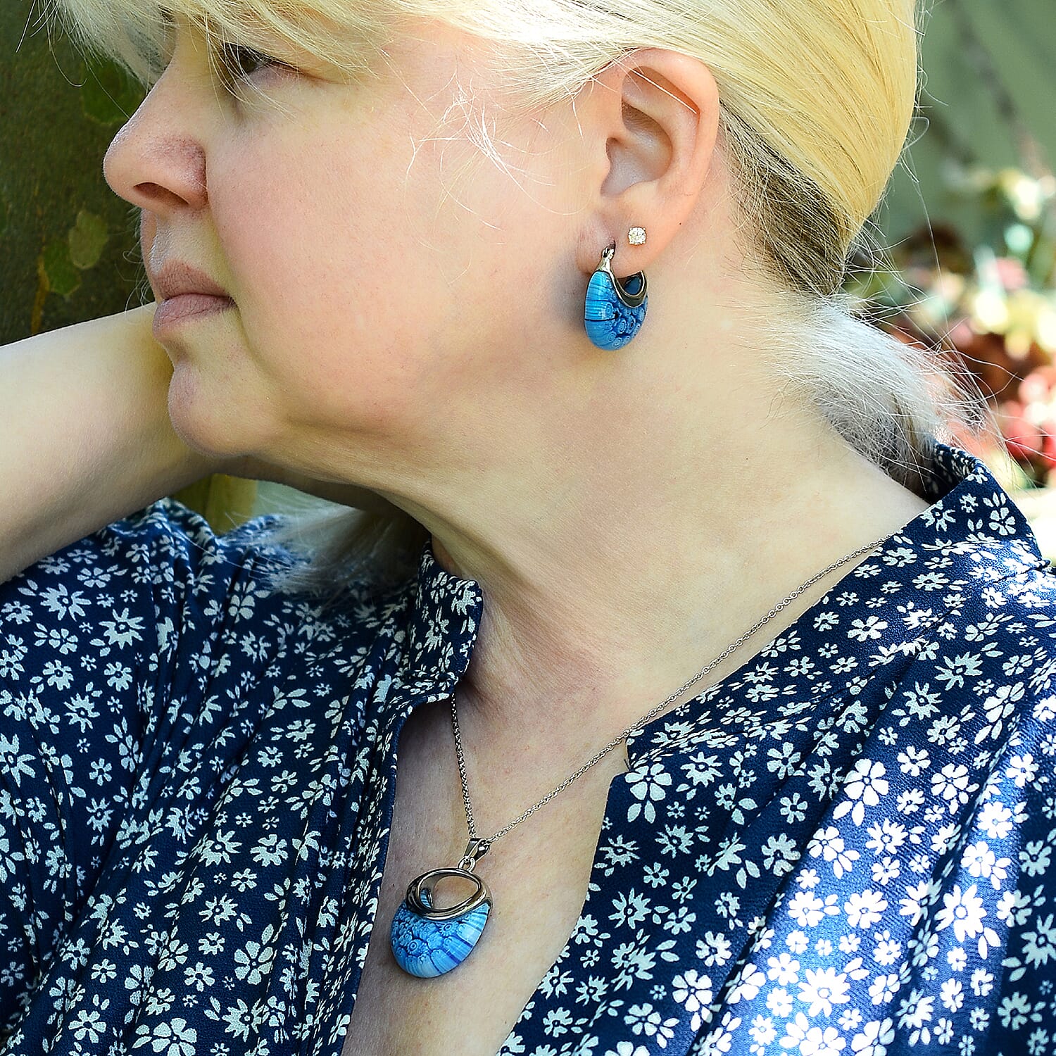 Blue Colour Murano Style Basket Earrings &amp; Pendant in Stainless Steel 221212175 1