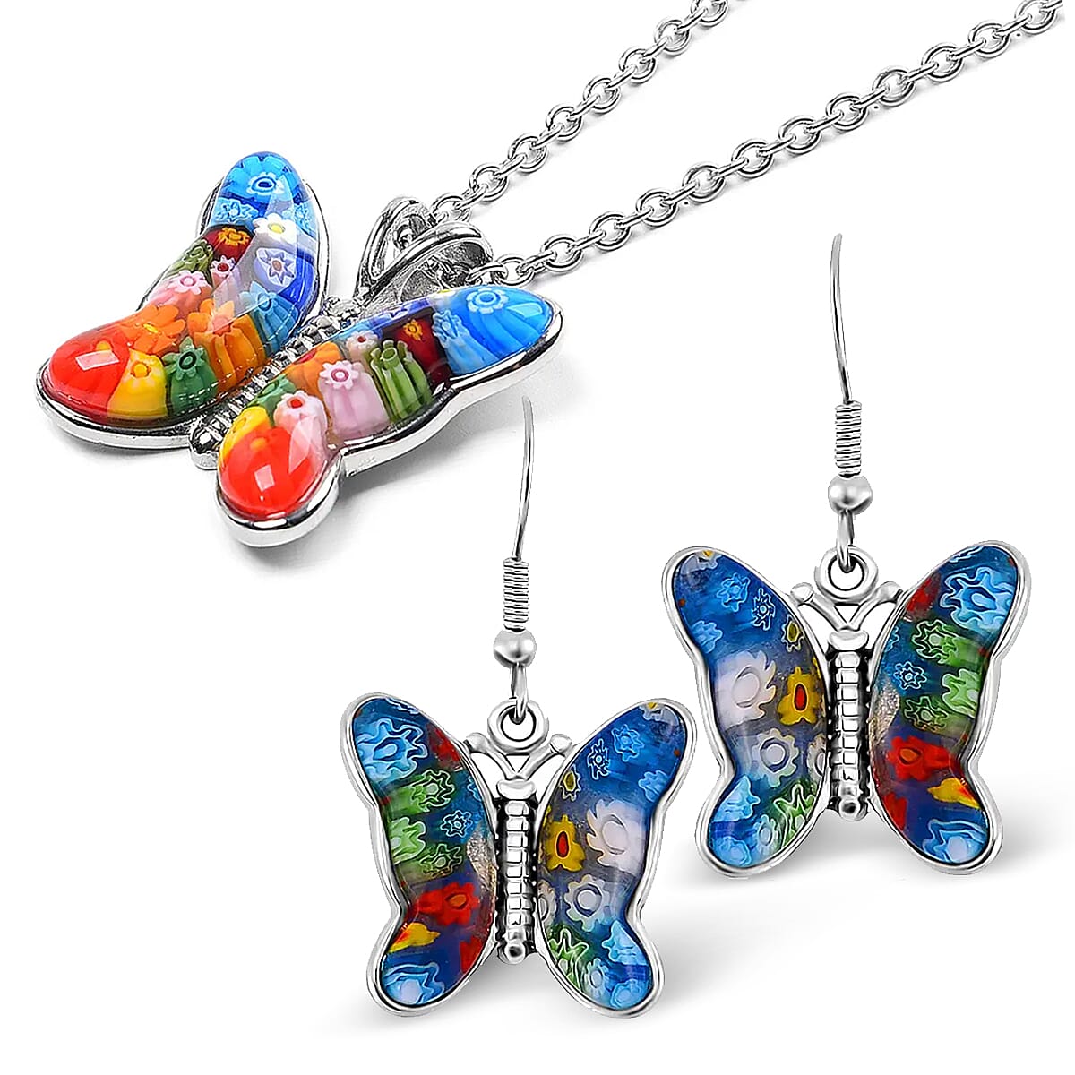Multi Colour Murano Butterfly Earrings &amp; Pendant in Stainless Steel 221213428 0