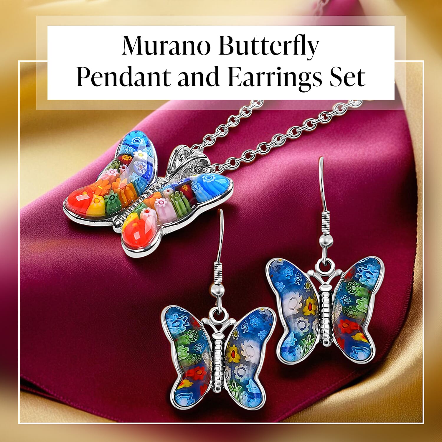 Multi Colour Murano Butterfly Earrings &amp; Pendant in Stainless Steel 221213428 1