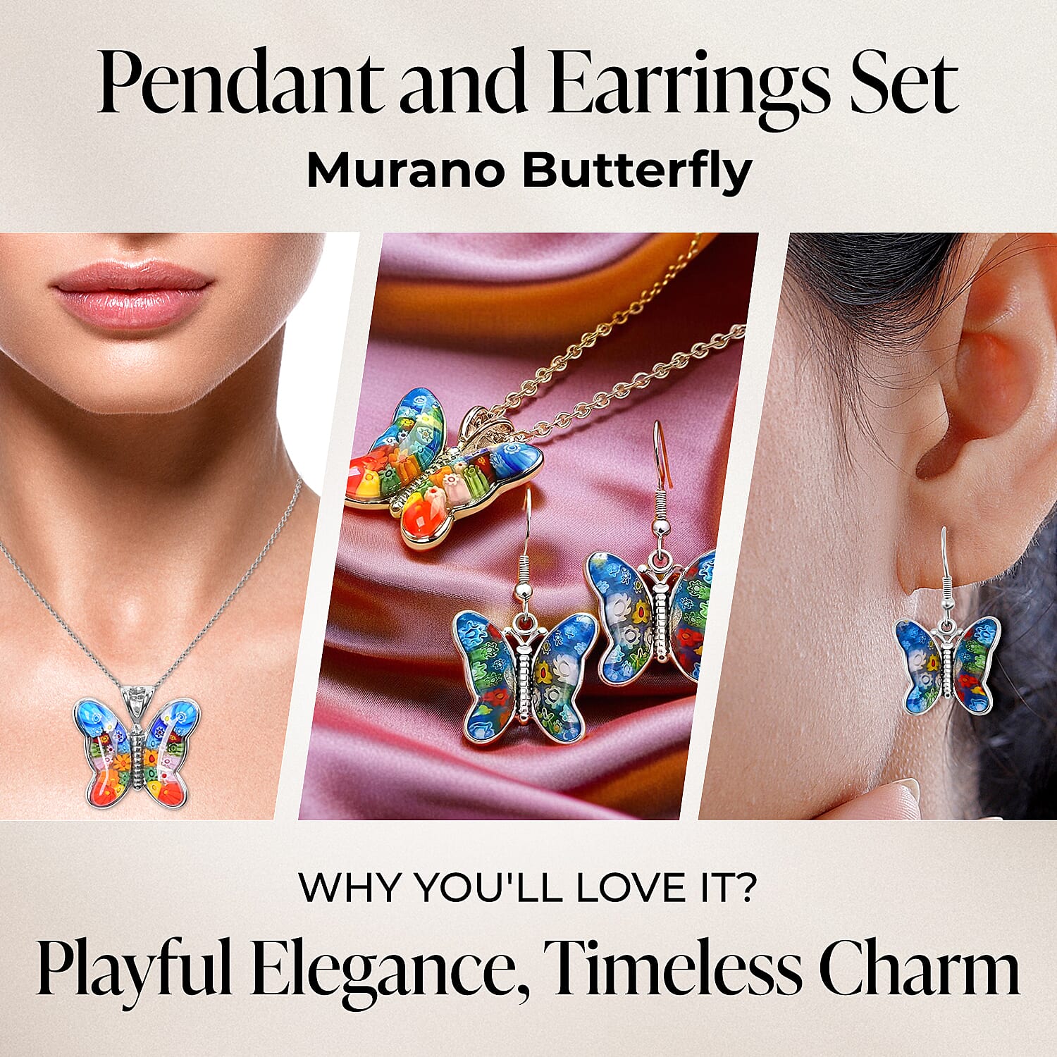 Multi Colour Murano Butterfly Earrings &amp; Pendant in Stainless Steel 221213428 2