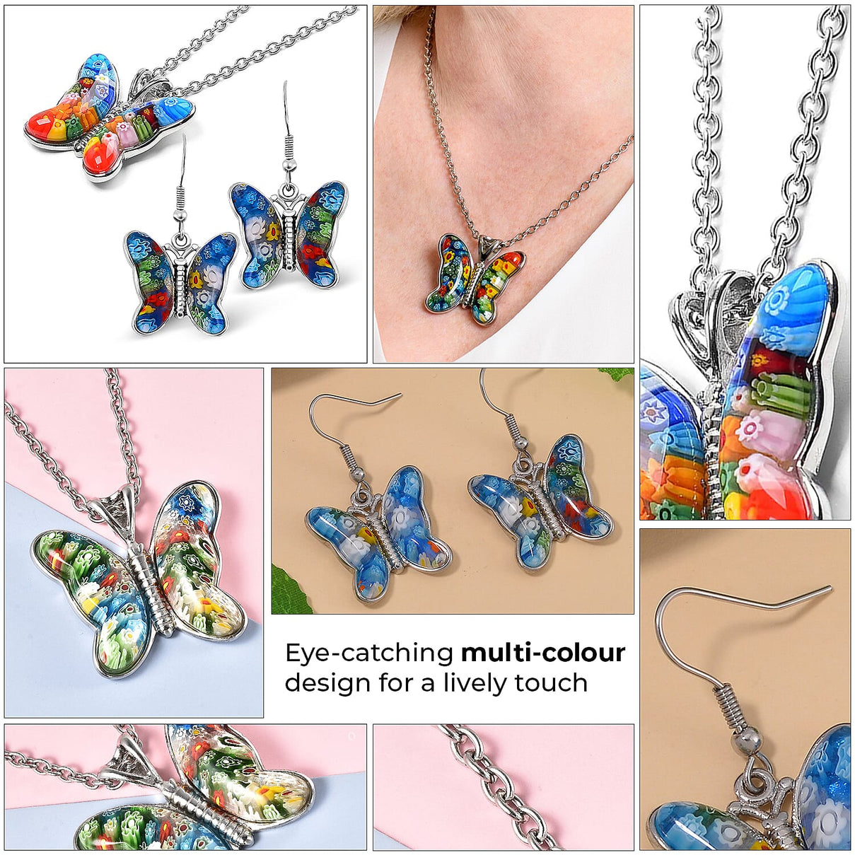 Multi Colour Murano Butterfly Earrings &amp; Pendant in Stainless Steel 221213428 5
