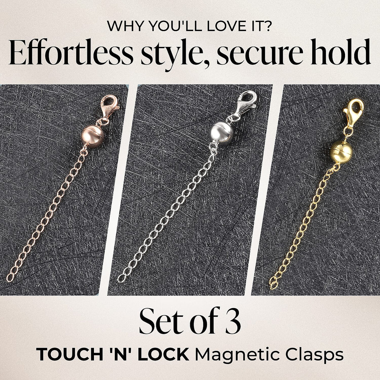Set of 3 TOUCH 'N' LOCK MAGNETIC CLASPS WITH 2 INCH EXTENDERS 221213480 1