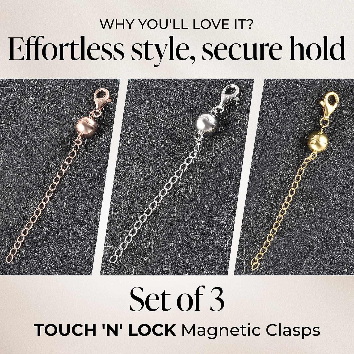 Set of 3 TOUCH 'N' LOCK MAGNETIC CLASPS WITH 2 INCH EXTENDERS 221213480 1