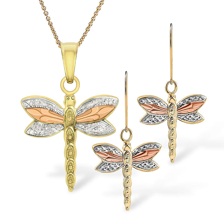 9K Tri Colour Gold Dragonfly Pendant and Earrings 221213499 1