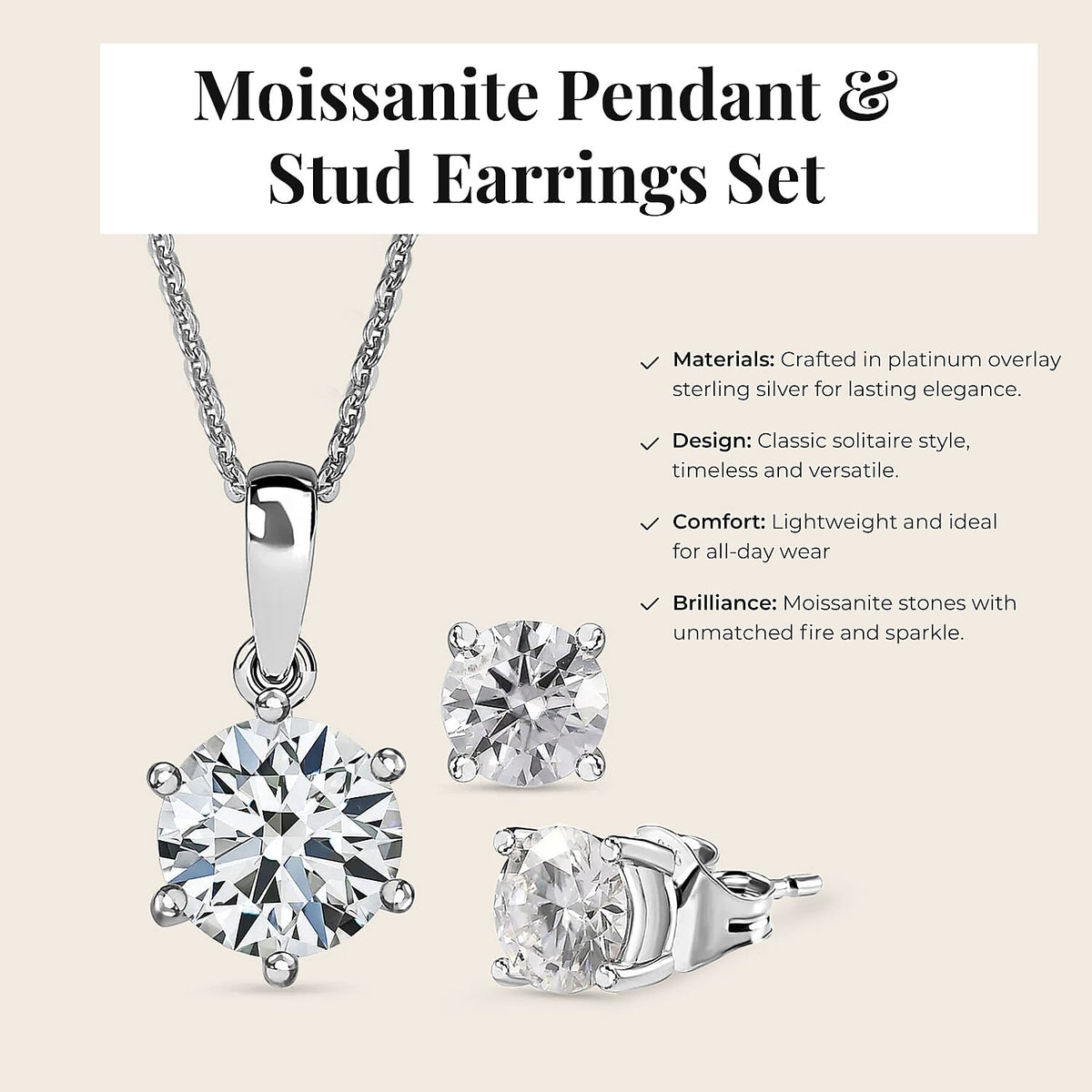 3.9 Ct. Moissanite Chain, Solitaire, Stud Ring in Platinum Sterling Silver 221215621 3