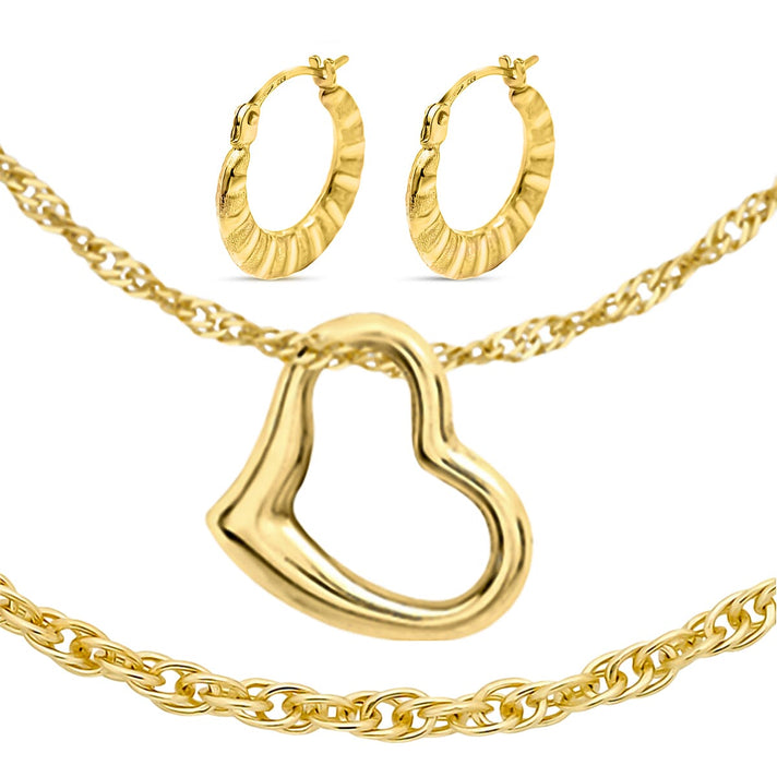 Epic Friday Mega Deal - Set of 3 - 9K Yellow Gold Heart Pendant, Prince of Wales Chain AND Creole Hoop Earrings (18 inch) 221220476 1