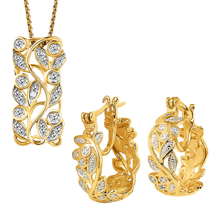 Diamond Pendant with Chain (Size 20) and Diamond Hoop Earrings (with Clasp) in Sterling Silver with Platium and 18K Vermeil Yellow Gold 221222934 1