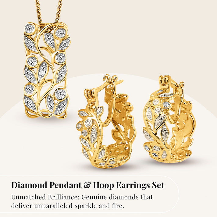 Diamond Pendant with Chain (Size 20) and Diamond Hoop Earrings (with Clasp) in Sterling Silver with Platium and 18K Vermeil Yellow Gold 221222934 2