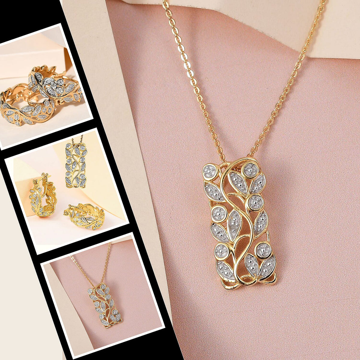 Diamond Pendant with Chain (Size 20) and Diamond Hoop Earrings (with Clasp) in Sterling Silver with Platium and 18K Vermeil Yellow Gold 221222934 2