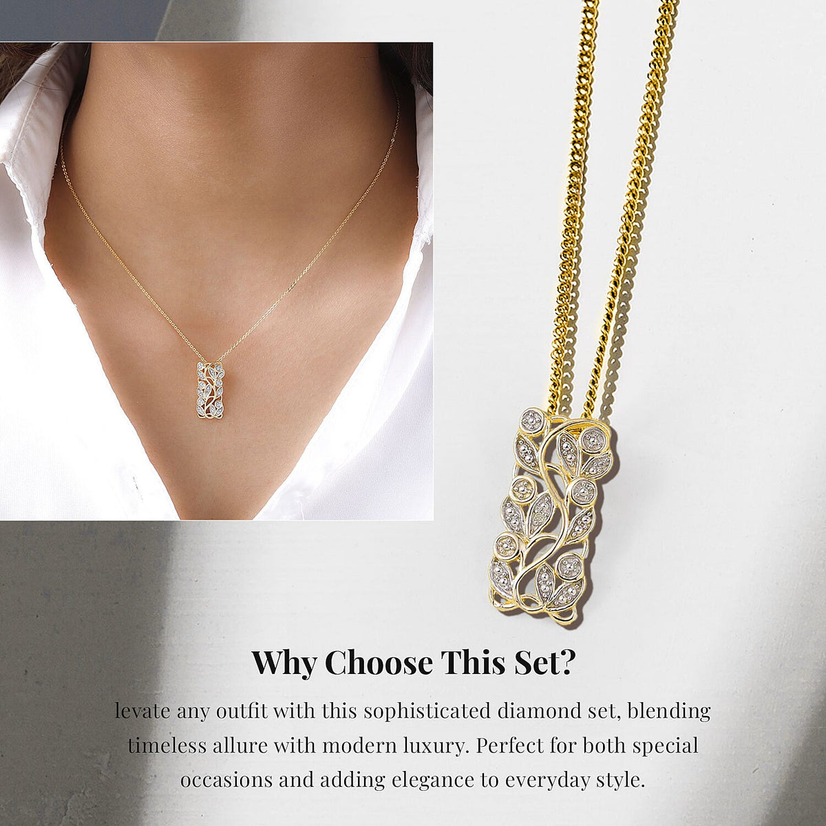 Diamond Pendant with Chain (Size 20) and Diamond Hoop Earrings (with Clasp) in Sterling Silver with Platium and 18K Vermeil Yellow Gold 221222934 3