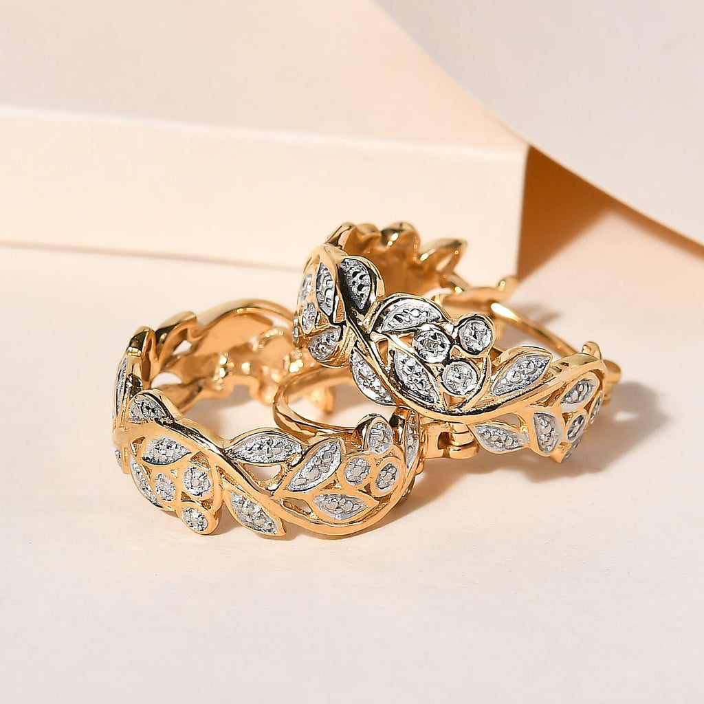 Diamond Pendant with Chain (Size 20) and Diamond Hoop Earrings (with Clasp) in Sterling Silver with Platium and 18K Vermeil Yellow Gold