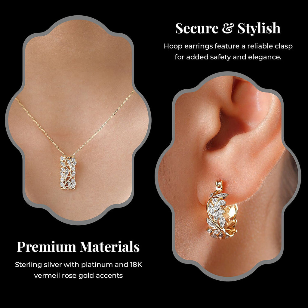 Diamond Pendant with Chain (Size 20) and Diamond Hoop Earrings (with Clasp) in Sterling Silver with Platium and 18K Vermeil Yellow Gold