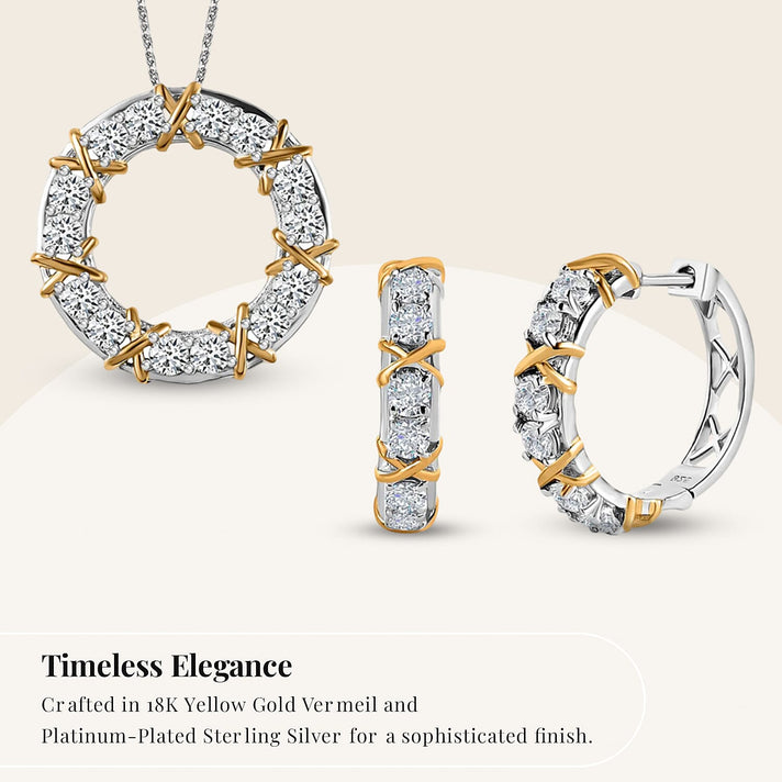 Moissanite Circle Pendant with Chain (Size 20) in 18K Yellow Gold Vermeil &amp; Platinum Plated Sterling Silver 1.47 Ct and Moissanite Hoop Earrings in Two-Tone Plated Sterling Silver 1.25 Ct, Silver Wt 5 221223063 2