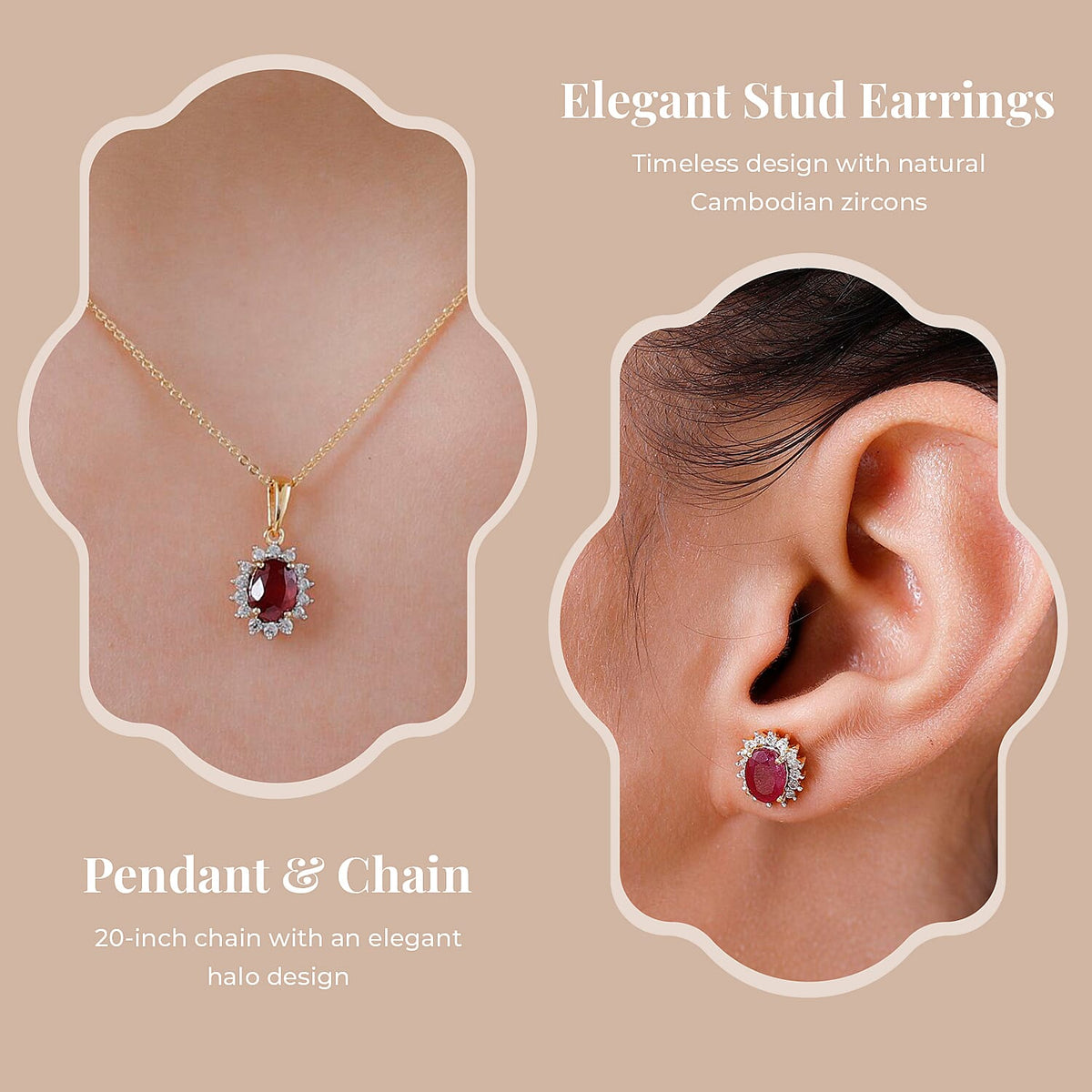 African Ruby (FF) July Birthstone and Natural Cambodian Zircon Pendant with Chain (Size - 20) and Earrings in 18K Vermeil Yellow Gold Plated Sterling Silver 221223150 4