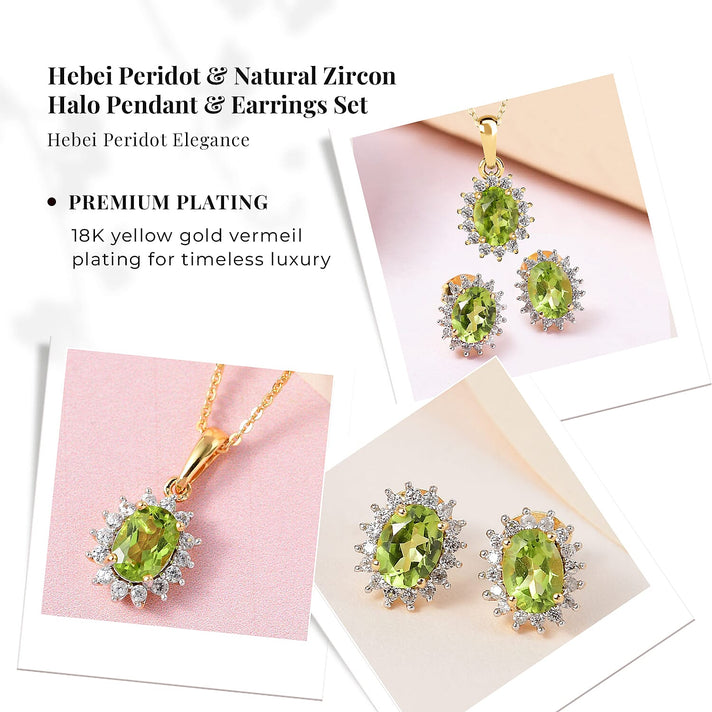 Hebei Peridot August Birthstone and Natural Cambodian Zircon Pendant with Chain(Size-20 inch with Lobster Clasp) and Earrings in 18K Vermeil Yellow Gold Plated Sterling Silver 221223473 2