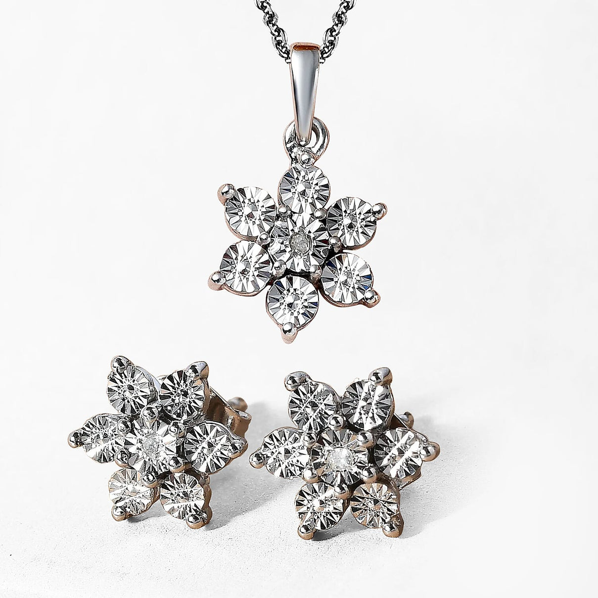 Diamond Floral Pendant and Stud Earrings in Platinum Plated Sterling Silver 221223580 0