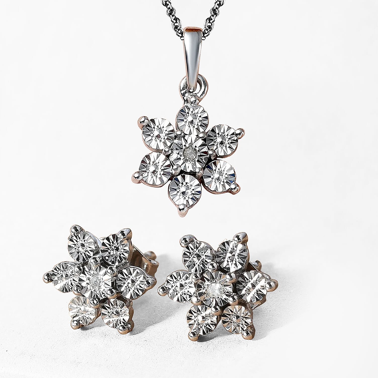 Diamond Floral Pendant and Stud Earrings in Platinum Plated Sterling Silver 221223580 0
