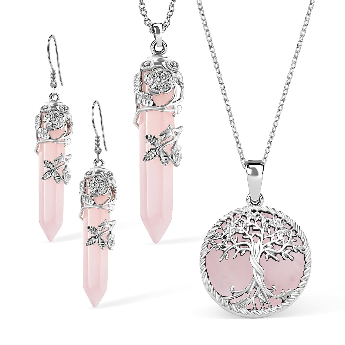 Rose Quartz Floral Vine Pendant with Stainless Steel Chain (Size - 24) in Silver Tone, Floral Vine Stainless Steel Earrings and Tree of Life Pendant with Chain (Size 20) 221223616 0