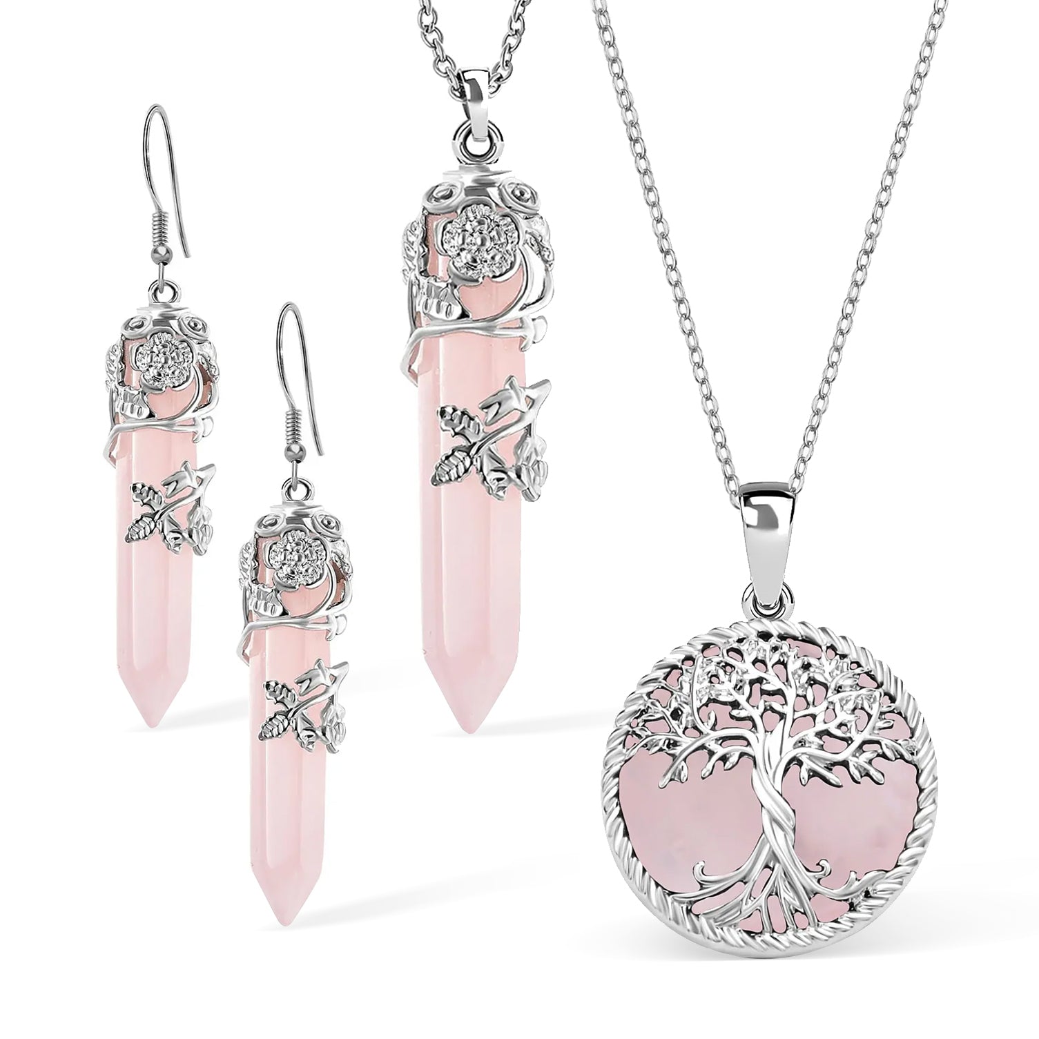 Rose Quartz Floral Vine Pendant with Stainless Steel Chain (Size - 24) in Silver Tone, Floral Vine Stainless Steel Earrings and Tree of Life Pendant with Chain (Size 20) 221223616 0