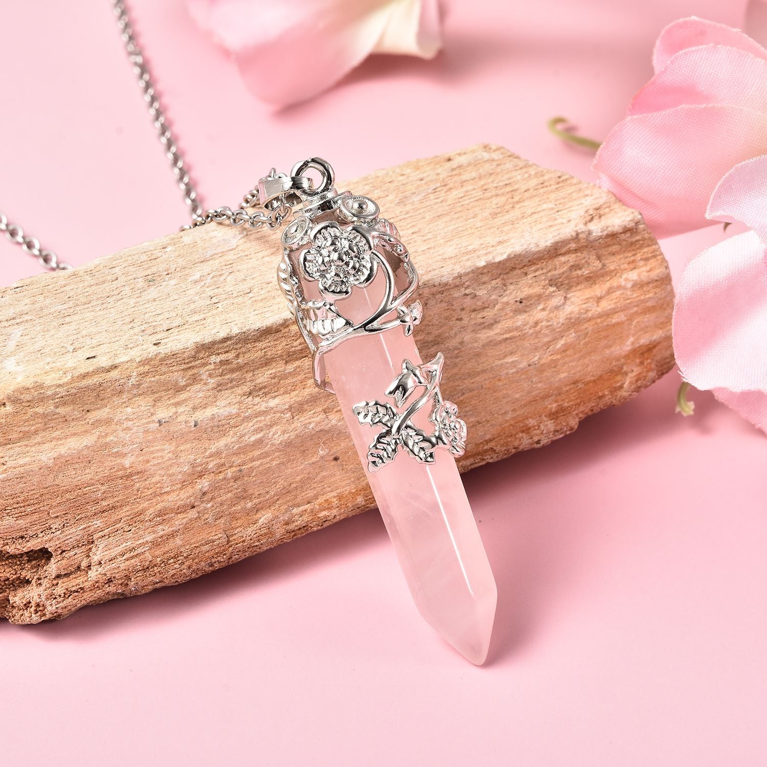 Rose Quartz Floral Vine Pendant with Stainless Steel Chain (Size - 24) in Silver Tone, Floral Vine Stainless Steel Earrings and Tree of Life Pendant with Chain (Size 20) 221223616 2