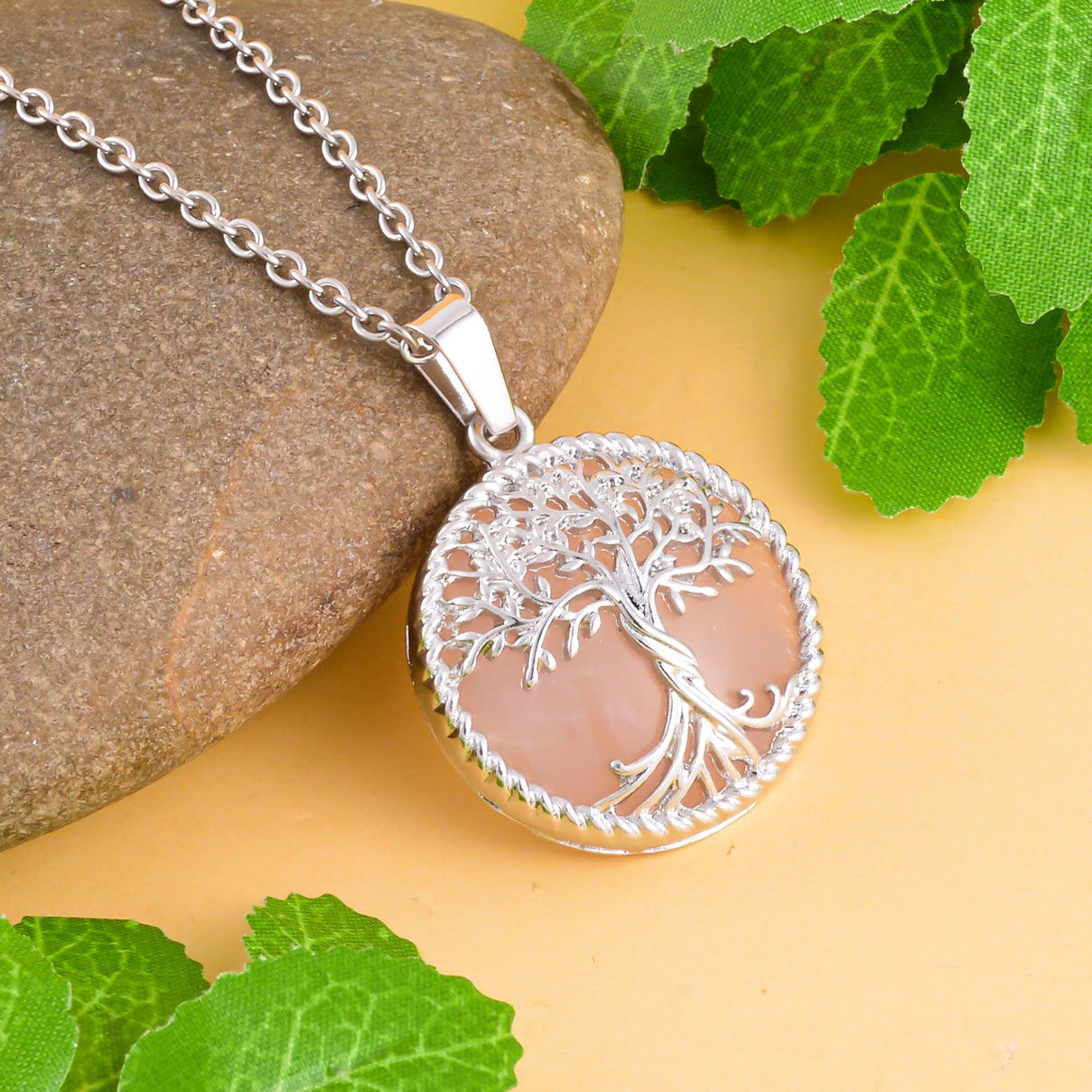 Rose Quartz Floral Vine Pendant with Stainless Steel Chain (Size - 24) in Silver Tone, Floral Vine Stainless Steel Earrings and Tree of Life Pendant with Chain (Size 20) 221223616 4