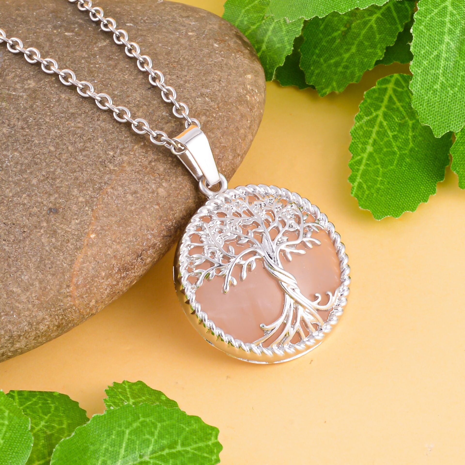 Rose Quartz Floral Vine Pendant with Stainless Steel Chain (Size - 24) in Silver Tone, Floral Vine Stainless Steel Earrings and Tree of Life Pendant with Chain (Size 20) 221223616 4