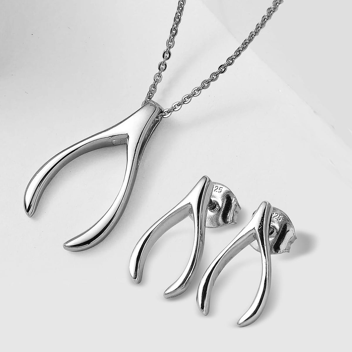Fortune Favour Pendant with Chain (Size 20) and Wishbone Stud Earrings (with Push Back) in Sterling Silver with Platinum Plating 221223617 0