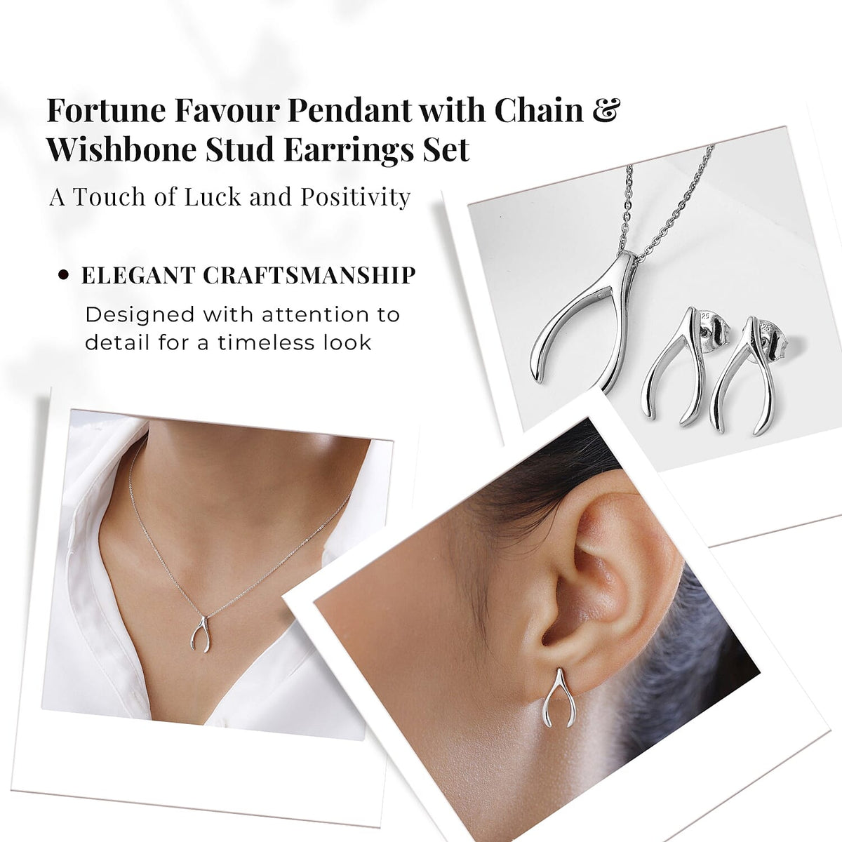 Fortune Favour Pendant with Chain (Size 20) and Wishbone Stud Earrings (with Push Back) in Sterling Silver with Platinum Plating 221223617 1