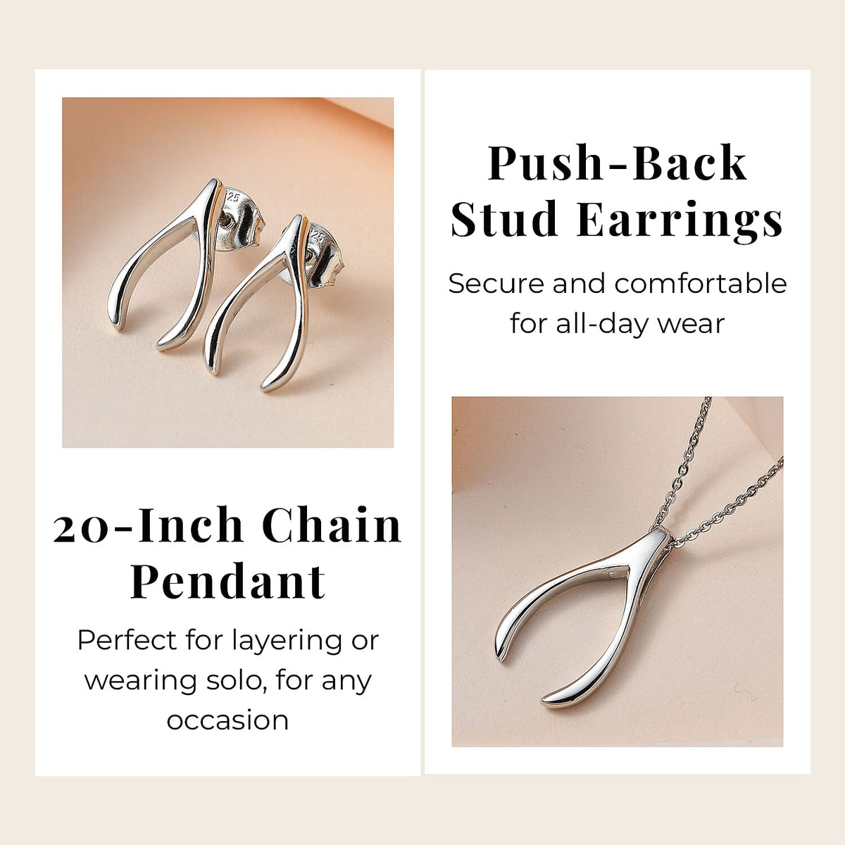 Fortune Favour Pendant with Chain (Size 20) and Wishbone Stud Earrings (with Push Back) in Sterling Silver with Platinum Plating 221223617 2