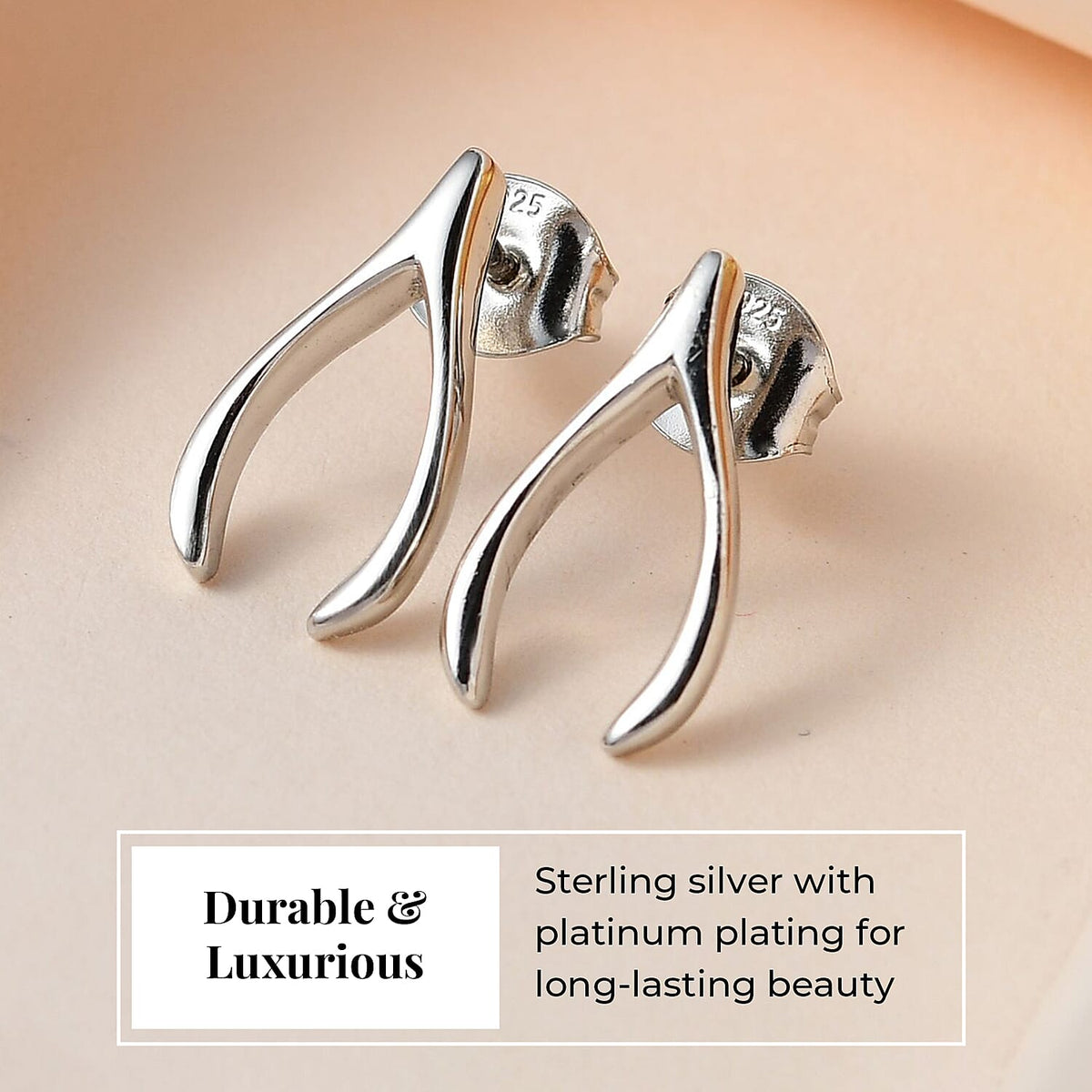 Fortune Favour Pendant with Chain (Size 20) and Wishbone Stud Earrings (with Push Back) in Sterling Silver with Platinum Plating 221223617 4