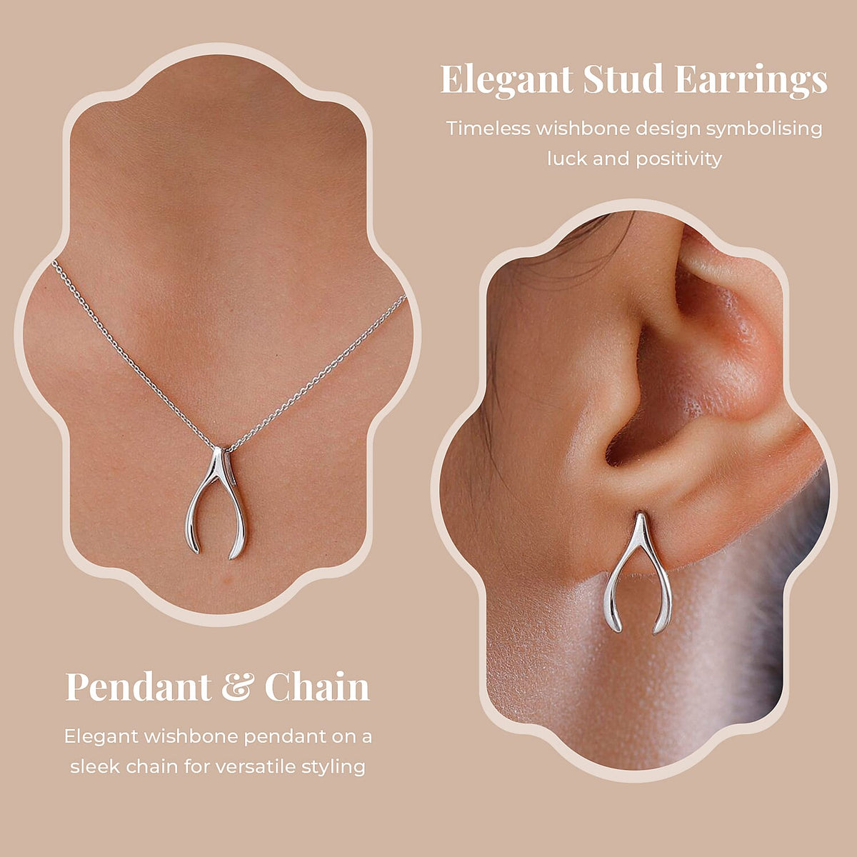 Fortune Favour Pendant with Chain (Size 20) and Wishbone Stud Earrings (with Push Back) in Sterling Silver with Platinum Plating 221223617 5