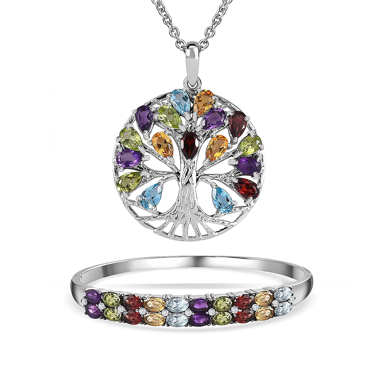 Multi Gemstone Sterling Silver Tree of Life Pendant With Stainless Steel Chain (Size 20) 5.42 Ct and Citrine, Skyblue Topaz and Multi Gemstone Bangle (Size - 7.5) 10.00 Ct. 221223634 0
