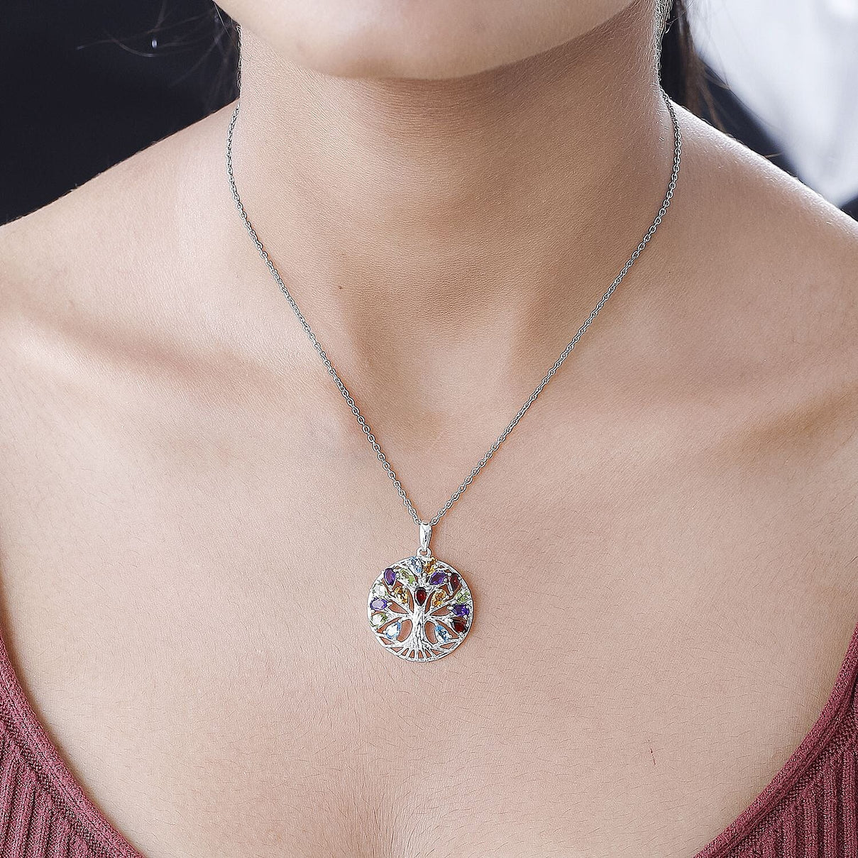 Multi Gemstone Sterling Silver Tree of Life Pendant With Stainless Steel Chain (Size 20) 5.42 Ct and Citrine, Skyblue Topaz and Multi Gemstone Bangle (Size - 7.5) 10.00 Ct. 221223634 1