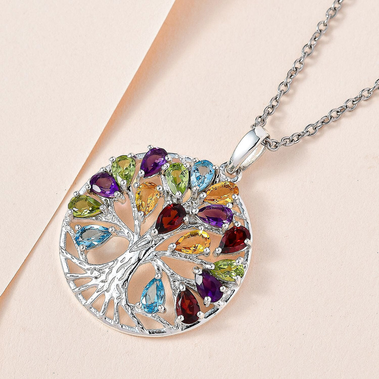 Multi Gemstone Sterling Silver Tree of Life Pendant With Stainless Steel Chain (Size 20) 5.42 Ct and Citrine, Skyblue Topaz and Multi Gemstone Bangle (Size - 7.5) 10.00 Ct. 221223634 2