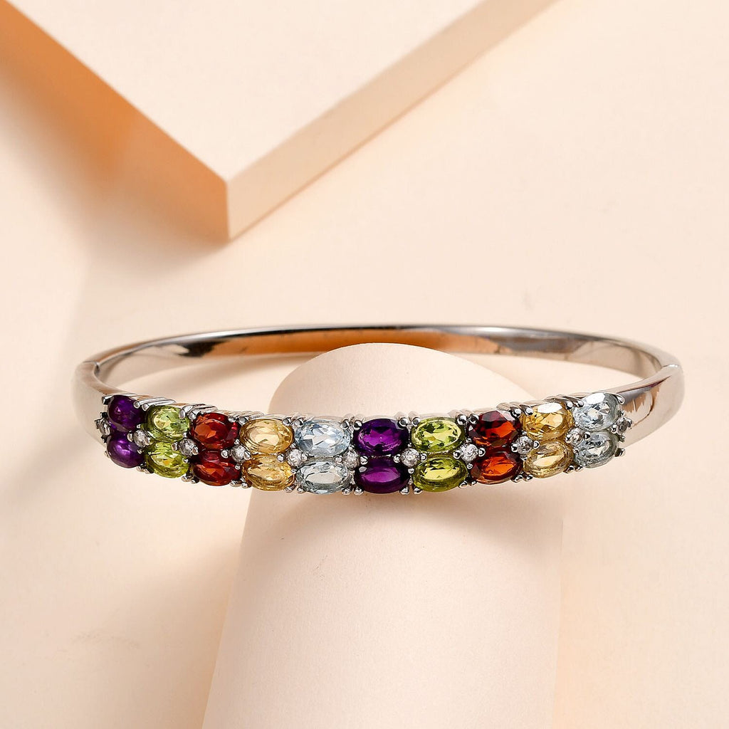 Multi Gemstone Sterling Silver Tree of Life Pendant With Stainless Steel Chain (Size 20) 5.42 Ct and Citrine, Skyblue Topaz and Multi Gemstone Bangle (Size - 7.5) 10.00 Ct.