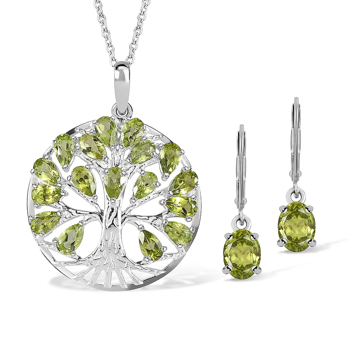 Hebei Peridot Sterling Silver Tree of Life Pendant With Chain (Size 20) 3.62 Ct, Silver Wt. 6.35 GM and Chinese Peridot Drop Earrings in Sterling Silver With Lever Back 2.6 Ct 221223733 0