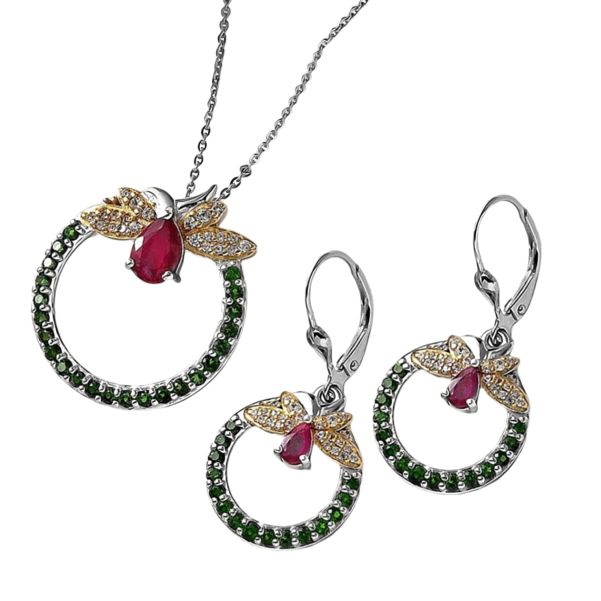 GP Italian Garden Collection - Set of African Ruby, Natural Chrome Diopside, White Zircon Butterfly Pendant with Chain and Earrings 221224045 0