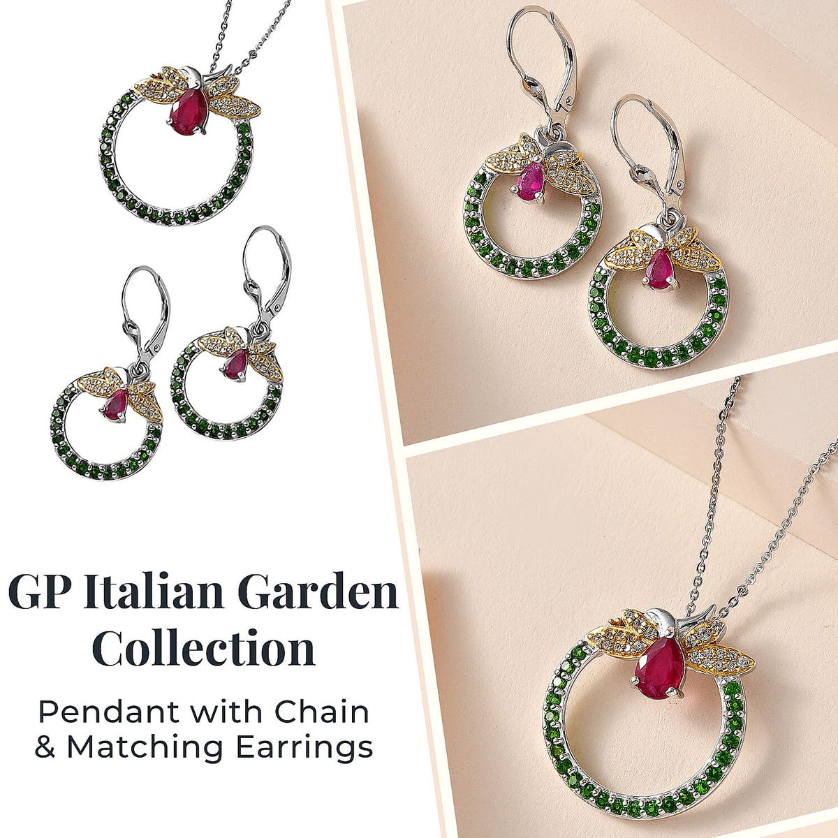 GP Italian Garden Collection - Set of African Ruby, Natural Chrome Diopside, White Zircon Butterfly Pendant with Chain and Earrings 221224045 2