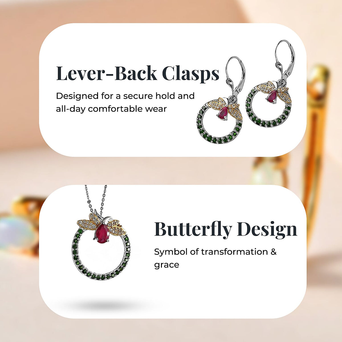 GP Italian Garden Collection - Set of African Ruby, Natural Chrome Diopside, White Zircon Butterfly Pendant with Chain and Earrings 221224045 3