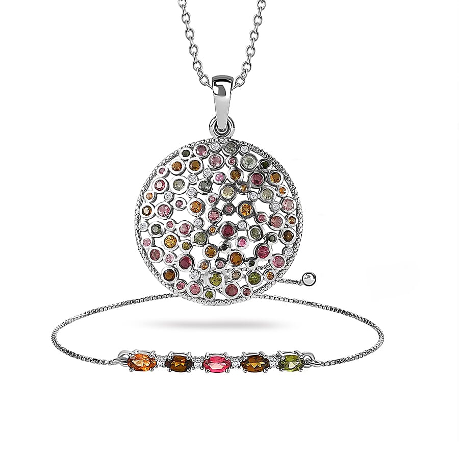 Multi-Tourmaline & Natural Zircon Pendant with Chain (Size 20) 5.60 Ct, Silver Wt. 12.86 Gms and Multi-Tourmaline Bolo Bracelet (Size 7.5-9.5) in Platinum Overlay Sterling Silver