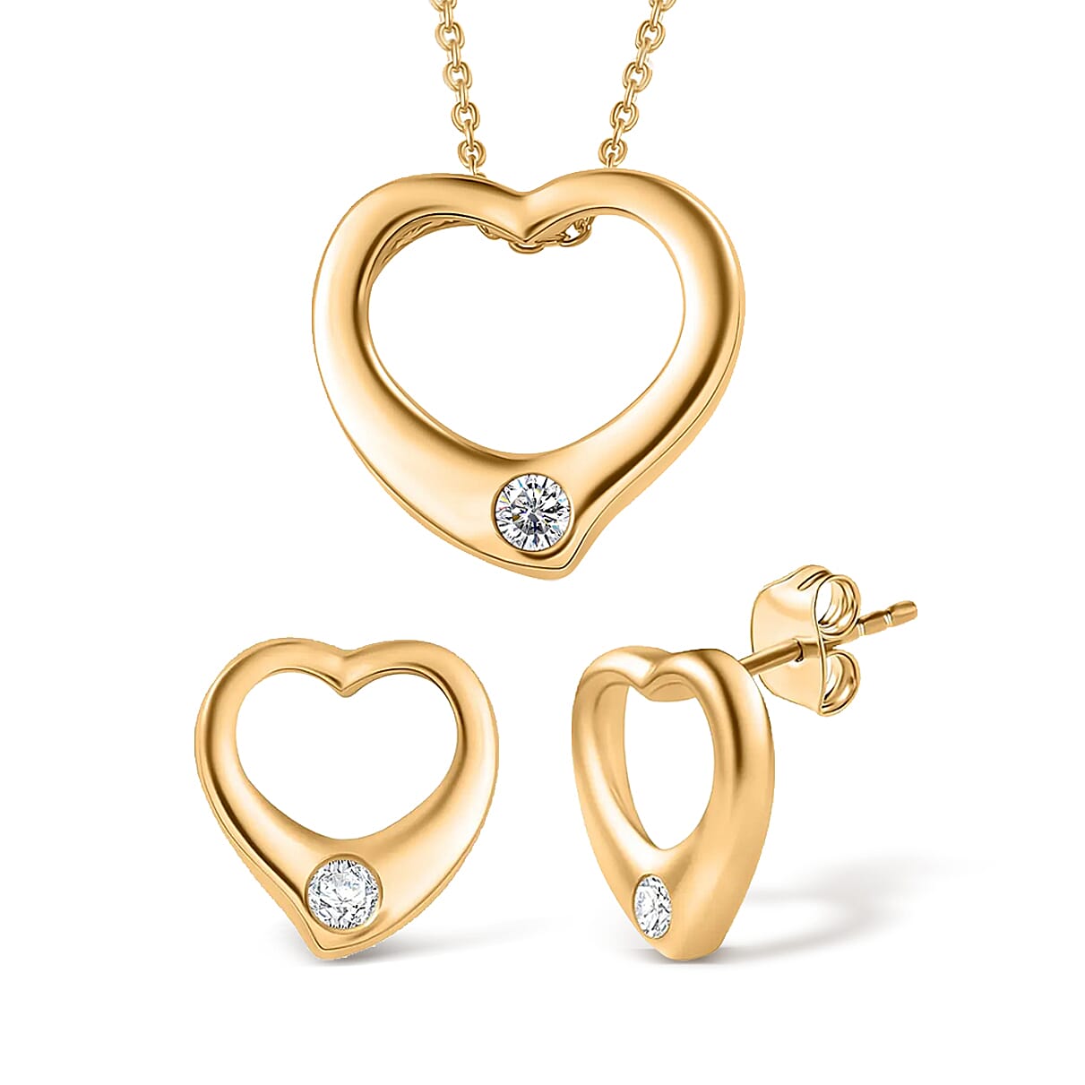 Designer Inspiration - Moissanite Heart Pendant with Chain (Size 20) and Heart Stud Earrings in 18K Vermeil Yellow Gold Plated Sterling Silver 221224069 0