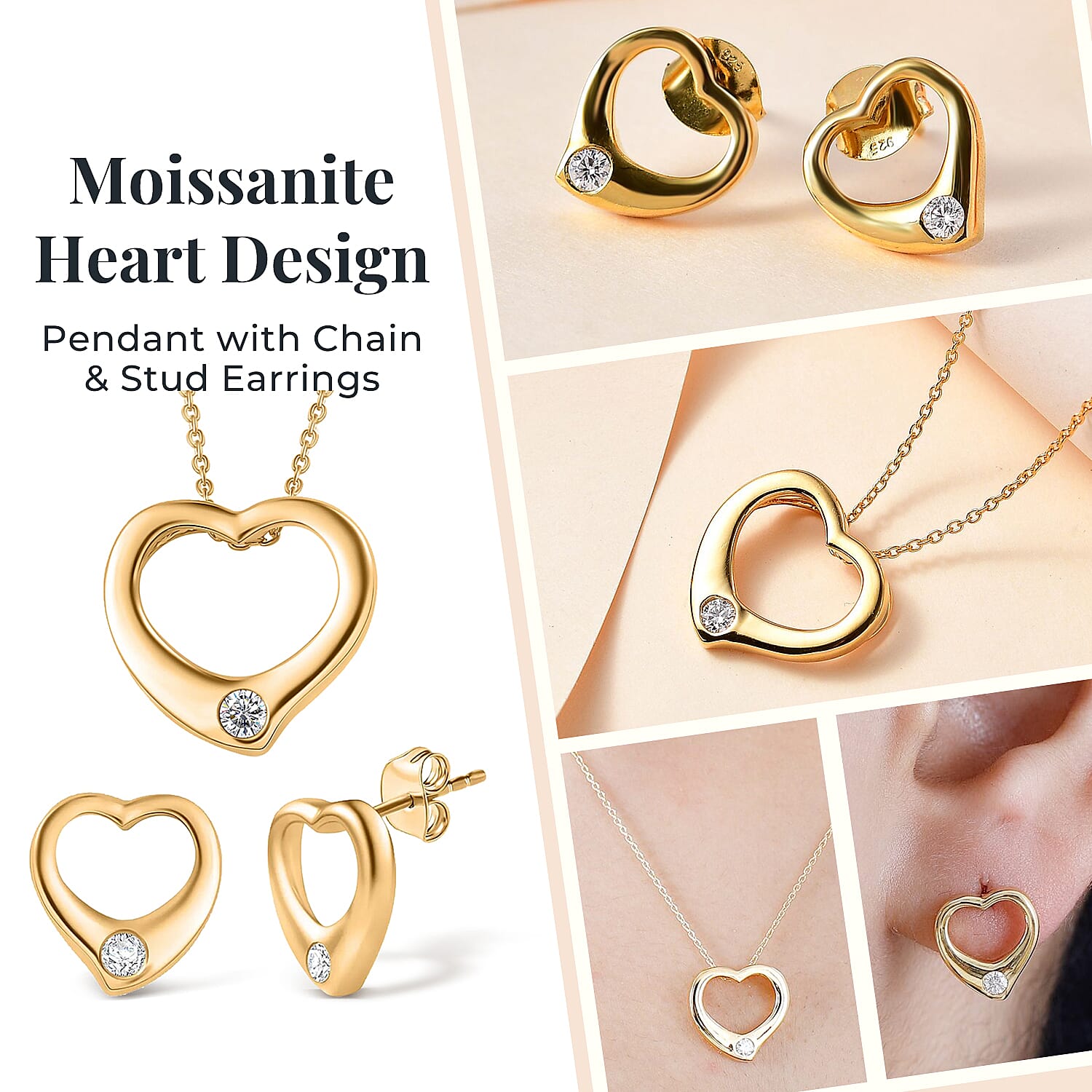 Designer Inspiration - Moissanite Heart Pendant with Chain (Size 20) and Heart Stud Earrings in 18K Vermeil Yellow Gold Plated Sterling Silver 221224069 1