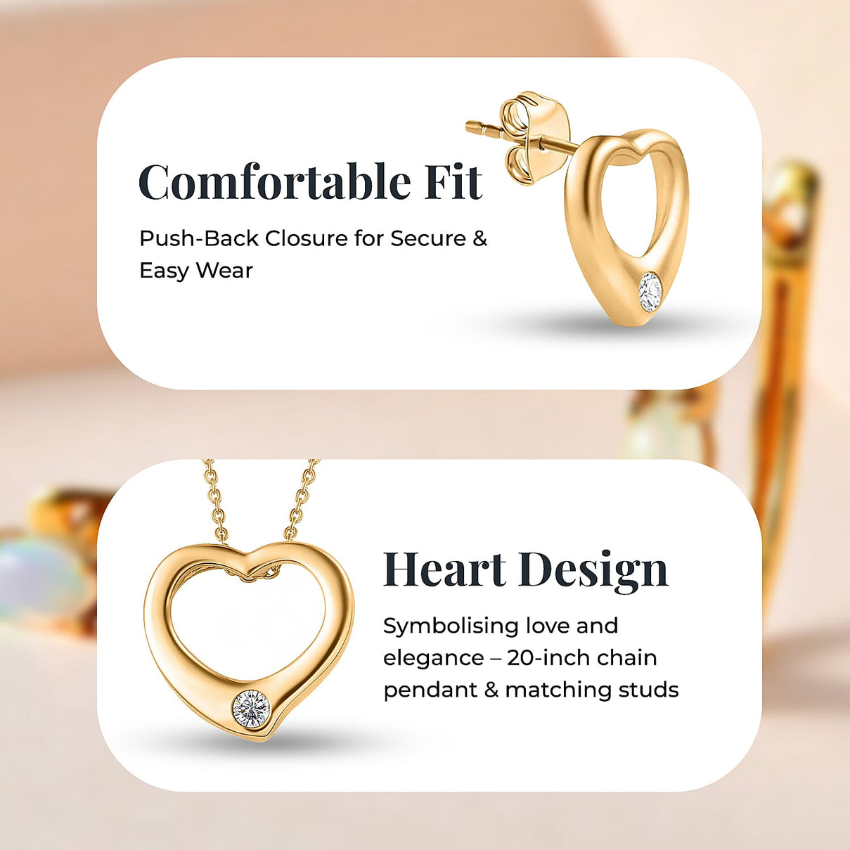 Designer Inspiration - Moissanite Heart Pendant with Chain (Size 20) and Heart Stud Earrings in 18K Vermeil Yellow Gold Plated Sterling Silver 221224069 2