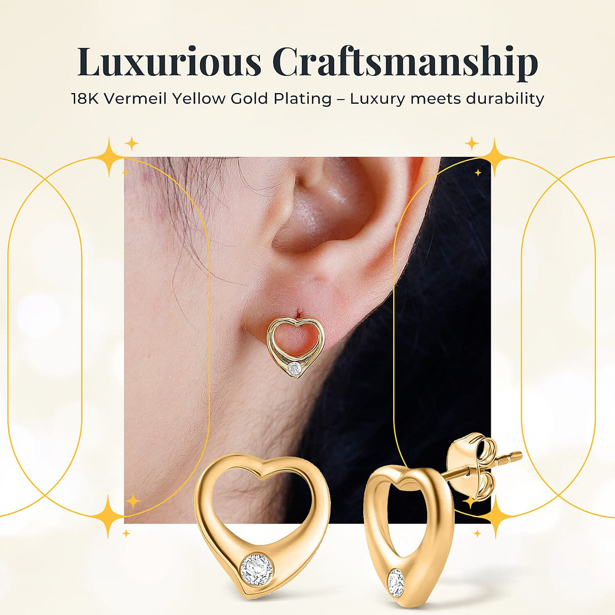 Designer Inspiration - Moissanite Heart Pendant with Chain (Size 20) and Heart Stud Earrings in 18K Vermeil Yellow Gold Plated Sterling Silver 221224069 4