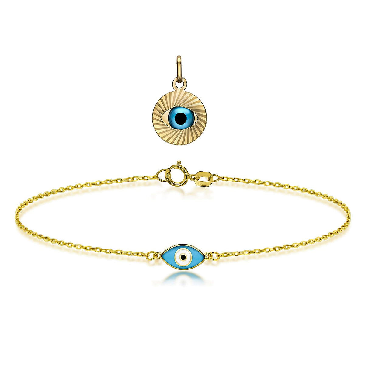 9K Yellow Gold 13mm X 21.5mm Diamond Cut Evil Eye Pendant and Bracelet 7.5 Inch 221224413 0
