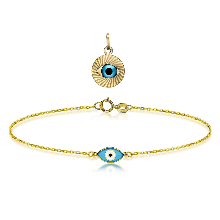 9K Yellow Gold 13mm X 21.5mm Diamond Cut Evil Eye Pendant and Bracelet 7.5 Inch 221224413 1