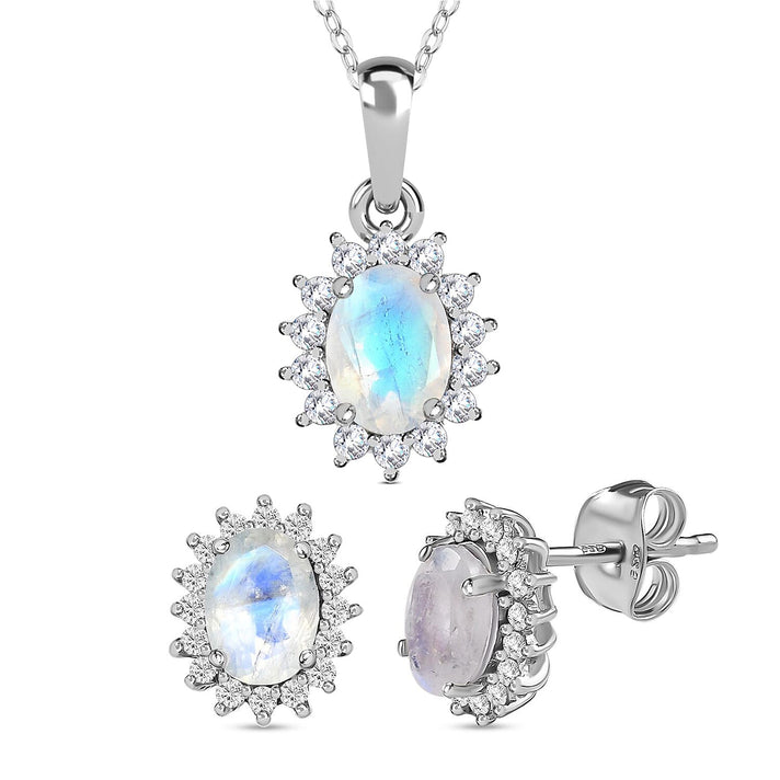 Rainbow Moonstone June Birthstone and Natural Zircon Halo Stud Earrings and Pendant with Chain (Size 20) in Platinum Overlay Sterling Silver 221224560 1